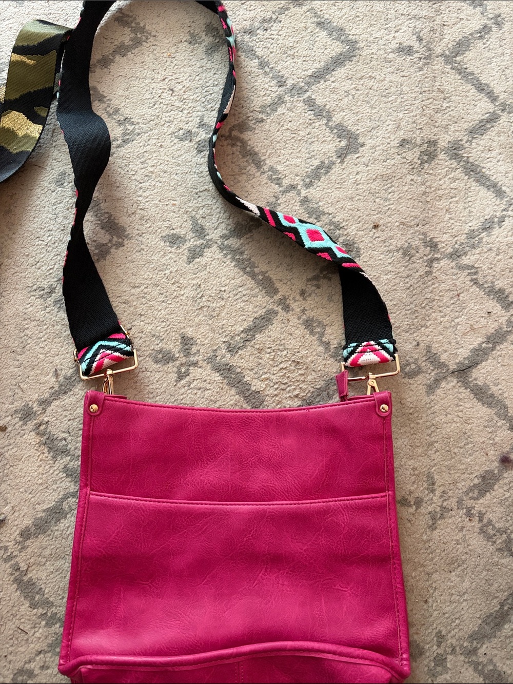 Hot Pink Crossbody Bag with Patterned Strap